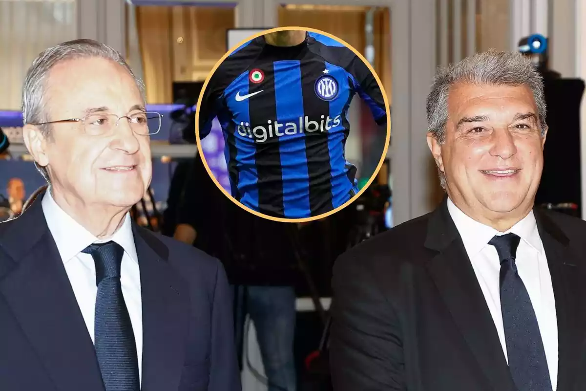 Montaje de Florentino y Laporta con un jugador del Inter