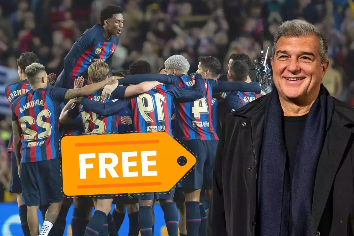 Montaje de Laporta con los jugadores del Barça y un cartel de 'Free'