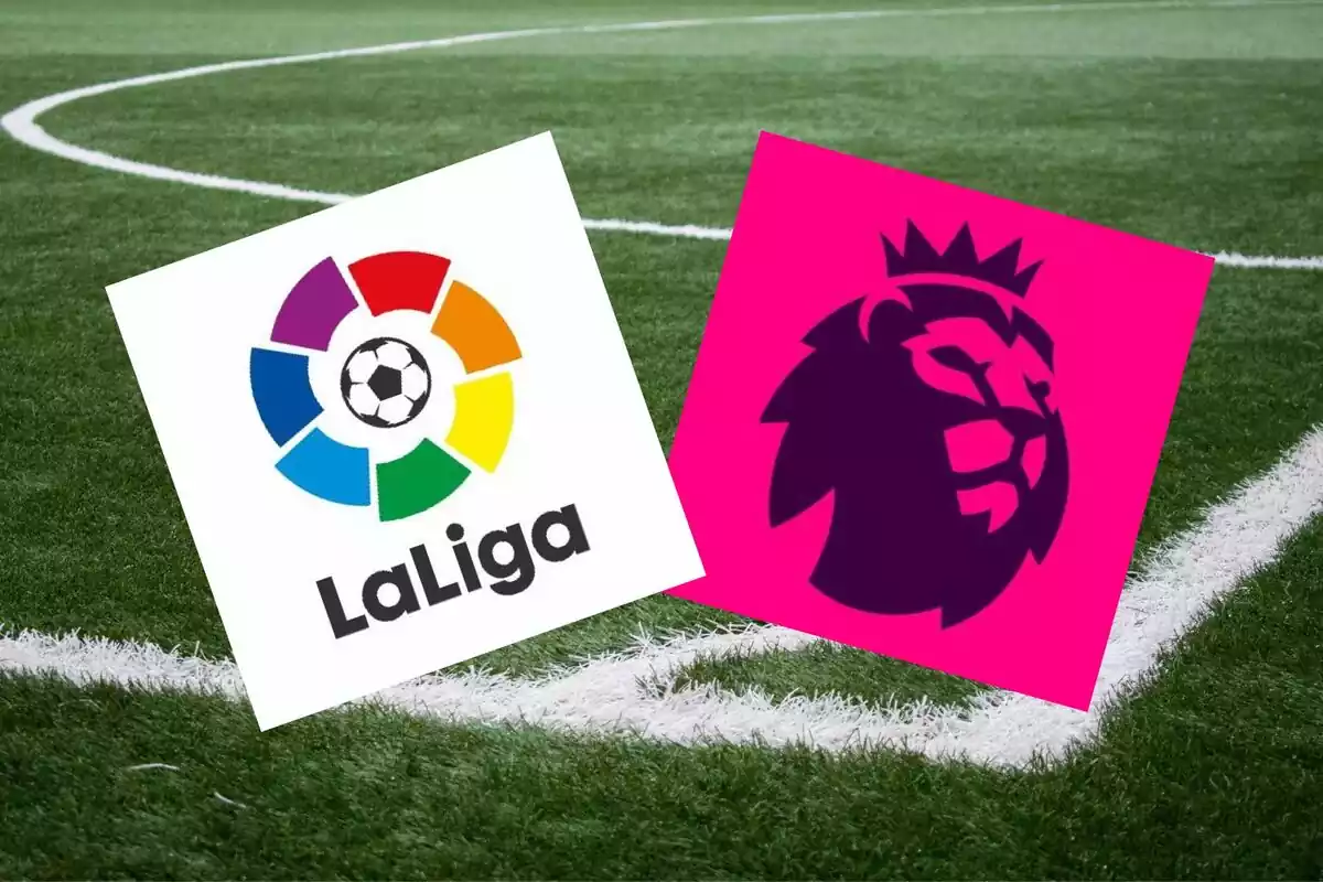 Montaje de un campo de fútbol con el logo de LaLiga y la Premier League
