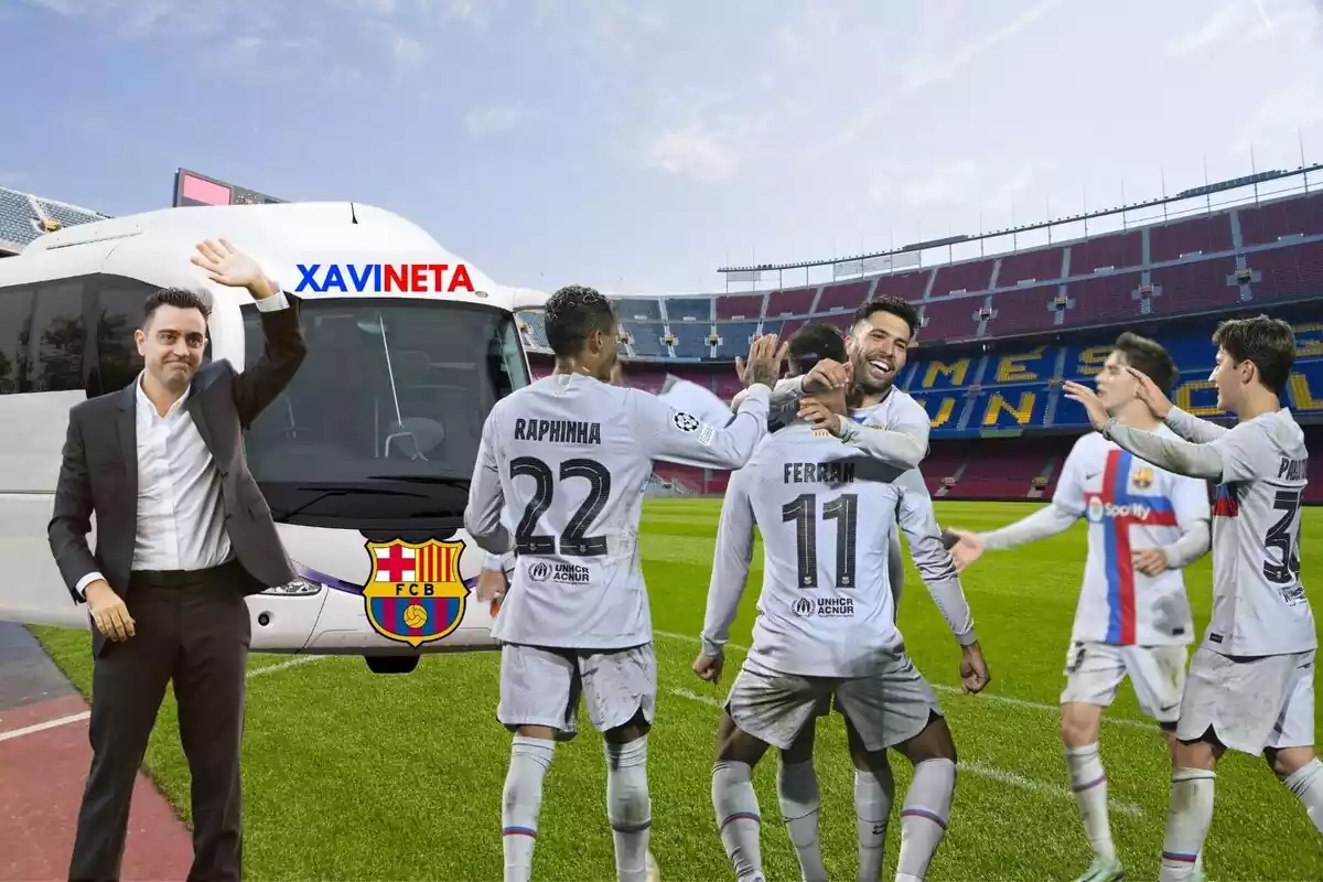 Montaje de Xavi con un autobús y varios jugadores del Barça