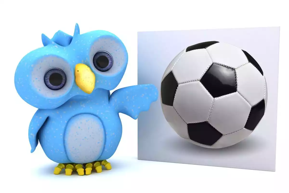 Montaje pájaro de Twitter señalando a un balón de fútbol