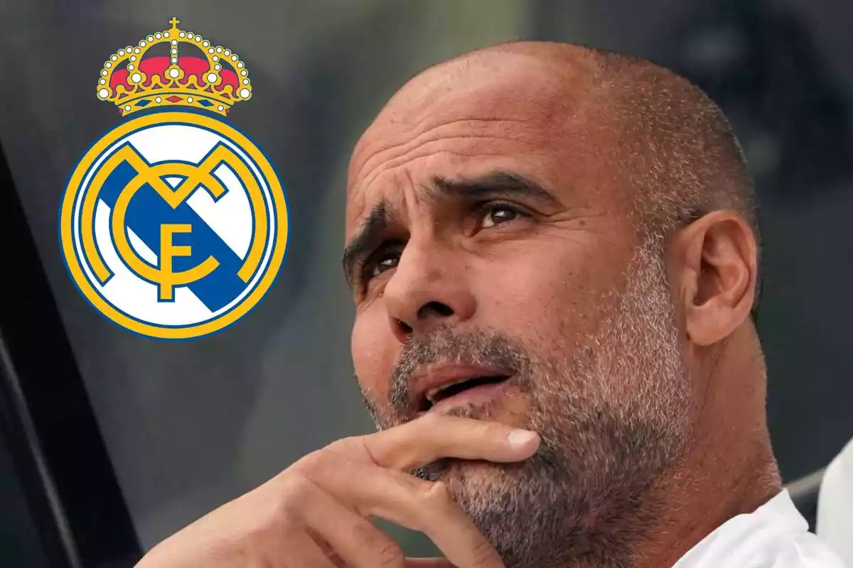 Pep Guardiola mirando al escudo del Real Madrid en un montaje