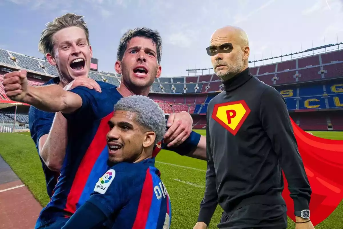 Montaje de Pep Guardiola con los jugadores del Barça
