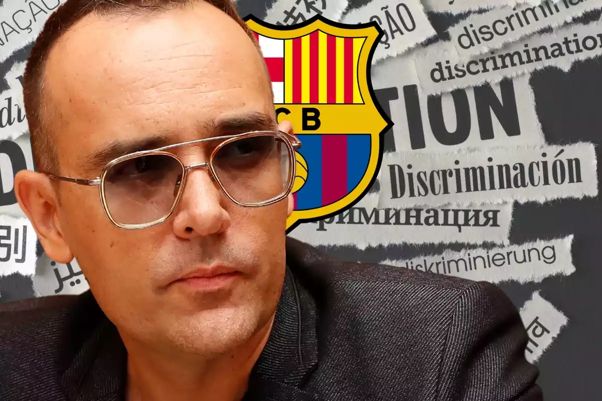 Montaje de Risto Mejide en primer plano con el escudo del FC Barcelona detrás sobre un fondo en el que se ve la palabra "discriminación" escrita en varios idiomas