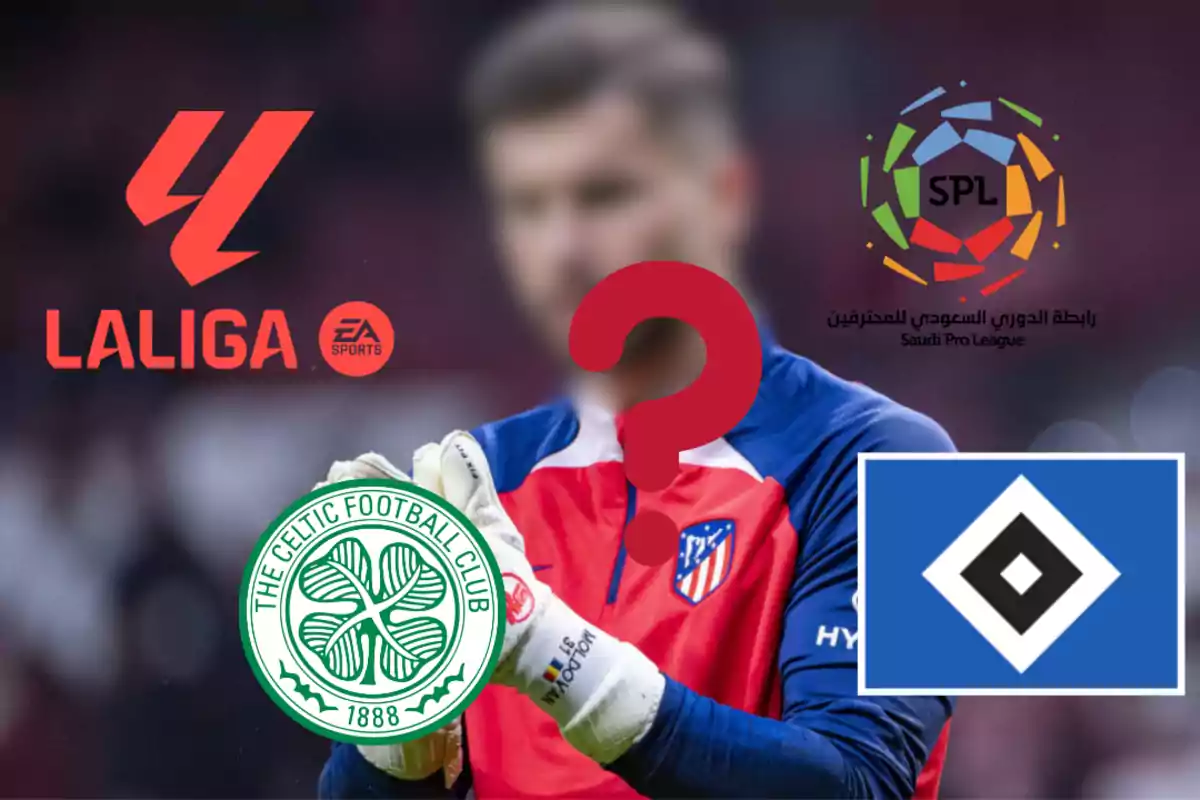 La imagen muestra a un jugador de fútbol con el rostro difuminado, rodeado de los logotipos de LaLiga, la Saudi Pro League, el Celtic Football Club y el Hamburger SV, con un signo de interrogación en el centro.