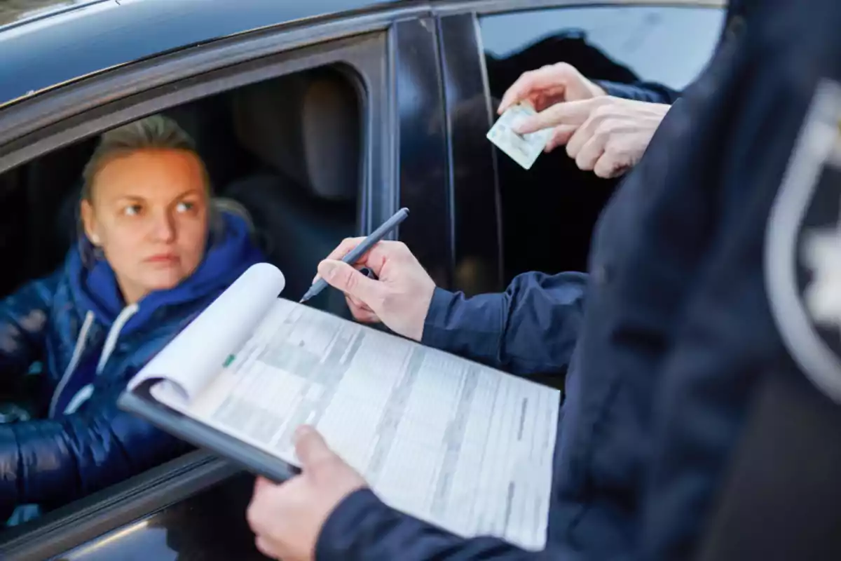 Una mujer dentro de un auto observa a un oficial que sostiene una libreta y un bolígrafo mientras recibe una identificación Una mujer dentro de un auto observa a un oficial que sostiene una libreta y un bolígrafo mientras recibe una identificación