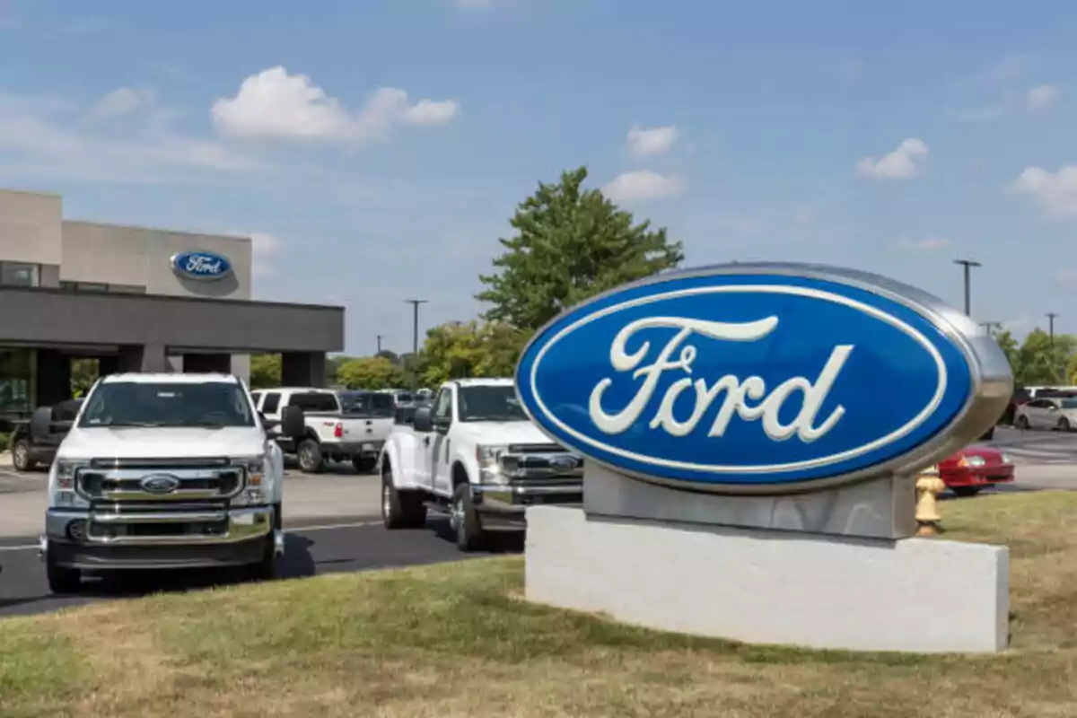 Ford car dealership with several white pickup trucks parked and a large blue brand sign in the foreground