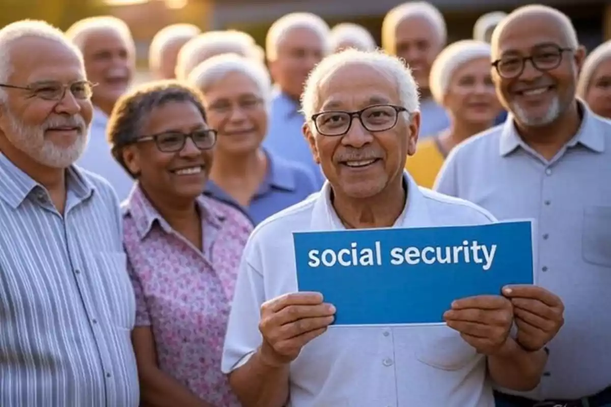 Group of smiling seniors with a man in front holding a blue sign that says social security Group of smiling seniors with a man in front holding a blue sign that says social security