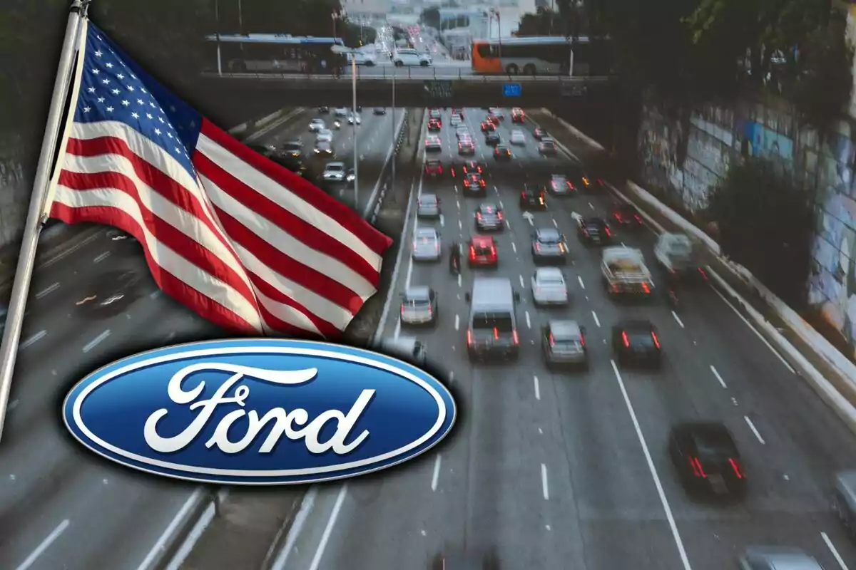 United States flag waving next to a highway full of cars with the Ford logo in the foreground.