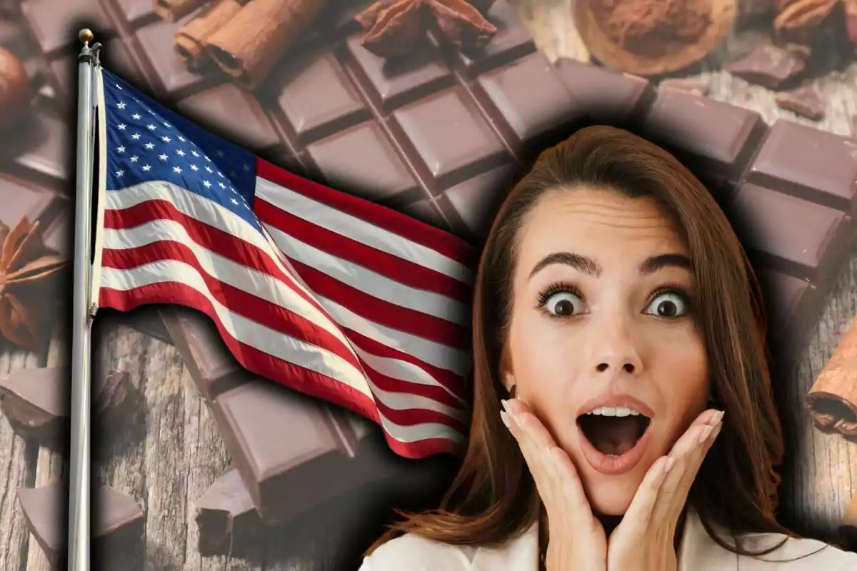 Mujer sorprendida frente a una bandera de Estados Unidos con fondo de barras de chocolate y especias.
