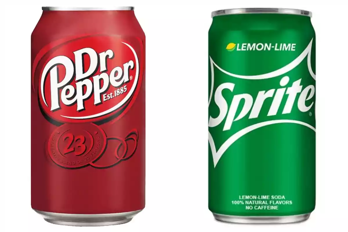 Two soda cans, one red Dr Pepper and one green Sprite, placed side by side on a white background. Two soda cans, one red Dr Pepper and one green Sprite, placed side by side on a white background.