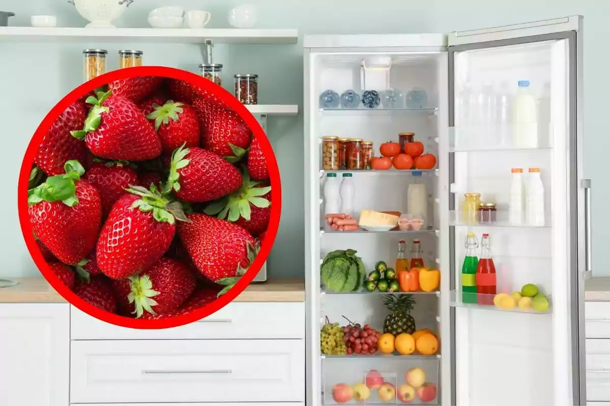 Photo montage of an open refrigerator with fresh fruits and vegetables and a circle highlighting red strawberries. Photo montage of an open refrigerator with fresh fruits and vegetables and a circle highlighting red strawberries.