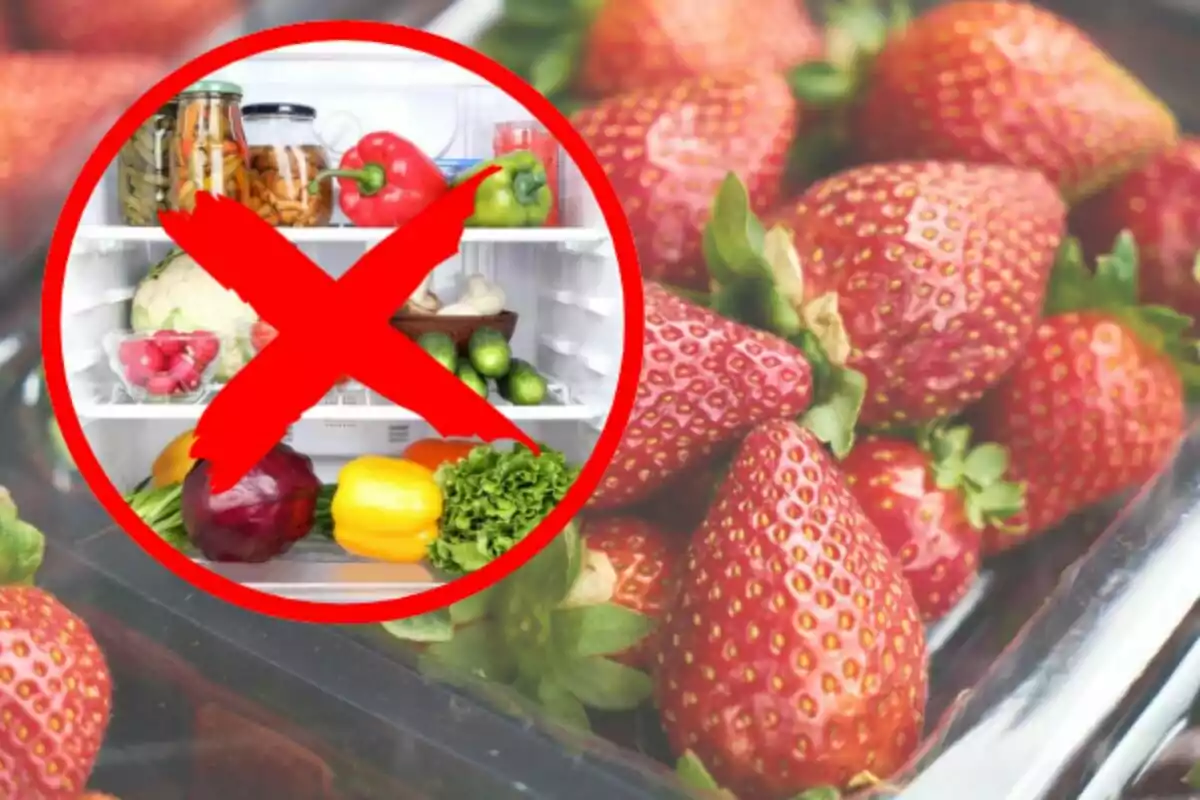 Fresh strawberries with a red circle containing an image of a refrigerator full of vegetables and a large red X symbol on top. Fresh strawberries with a red circle containing an image of a refrigerator full of vegetables and a large red X symbol on top.