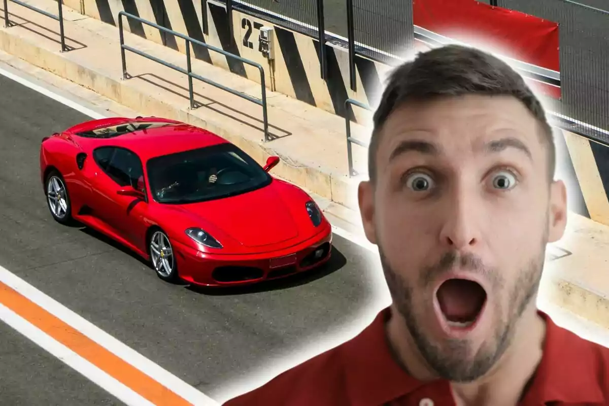 A man with a surprised expression appears next to a red Ferrari car on a racetrack. A man with a surprised expression appears next to a red Ferrari car on a racetrack.