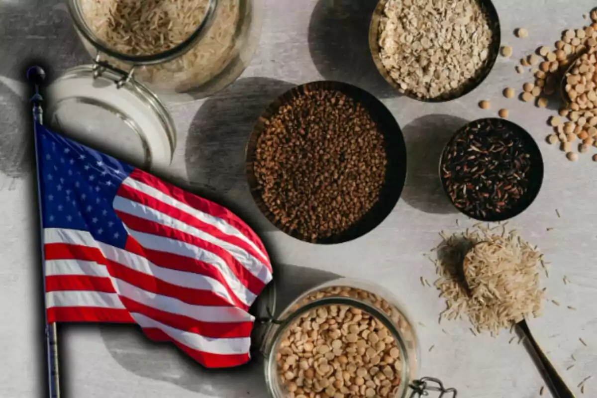 Photo montage of a United States flag next to several containers with grains and cereals on a table. Photo montage of a United States flag next to several containers with grains and cereals on a table.