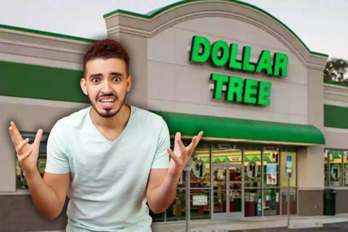 Hombre con expresión de confusión o frustración frente a una tienda Dollar Tree Hombre con expresión de confusión o frustración frente a una tienda Dollar Tree