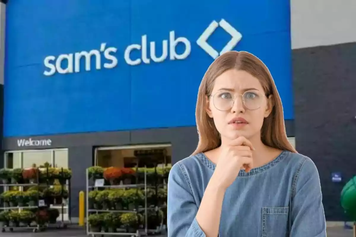 Woman with a confused expression in front of a Sam's Club entrance