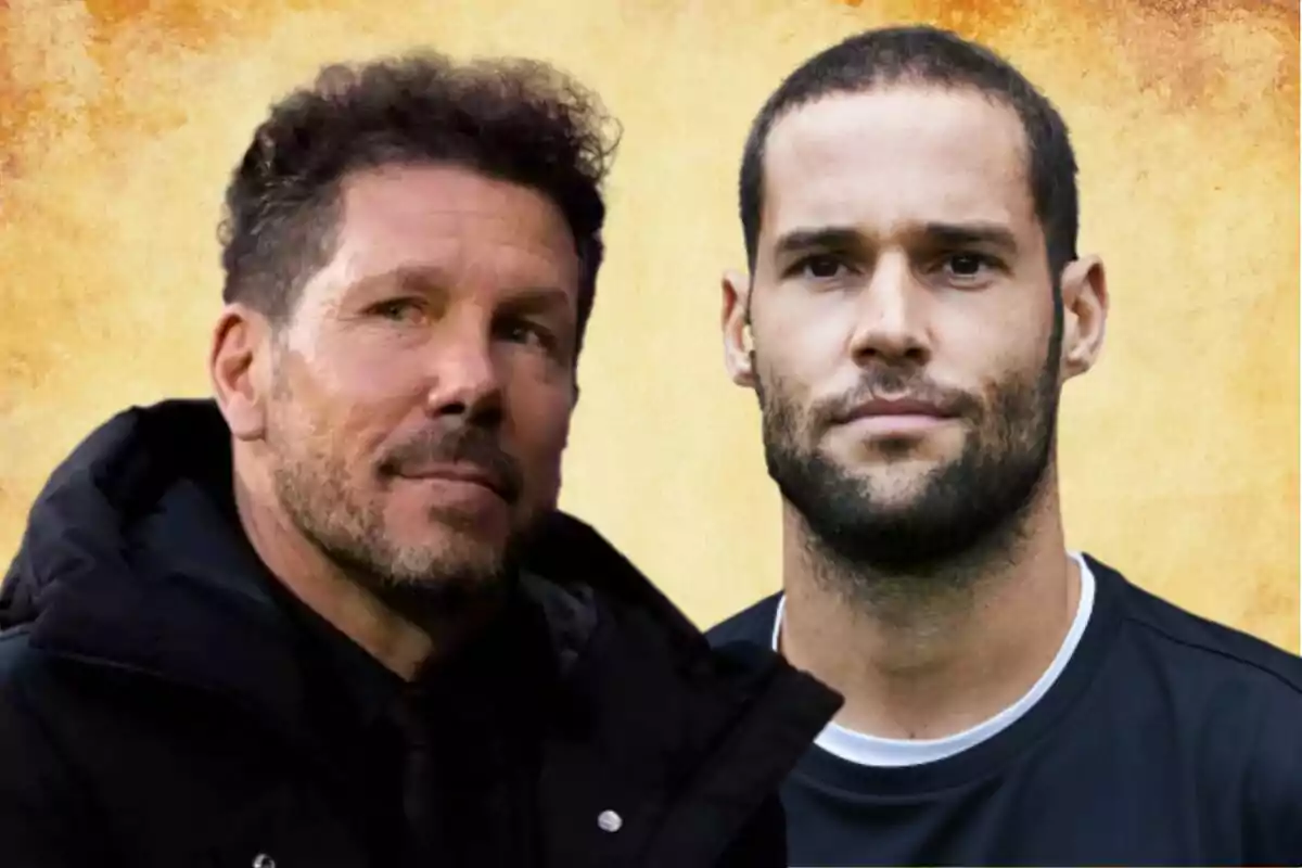Dos hombres de cabello corto y barba posan frente a un fondo amarillo texturizado