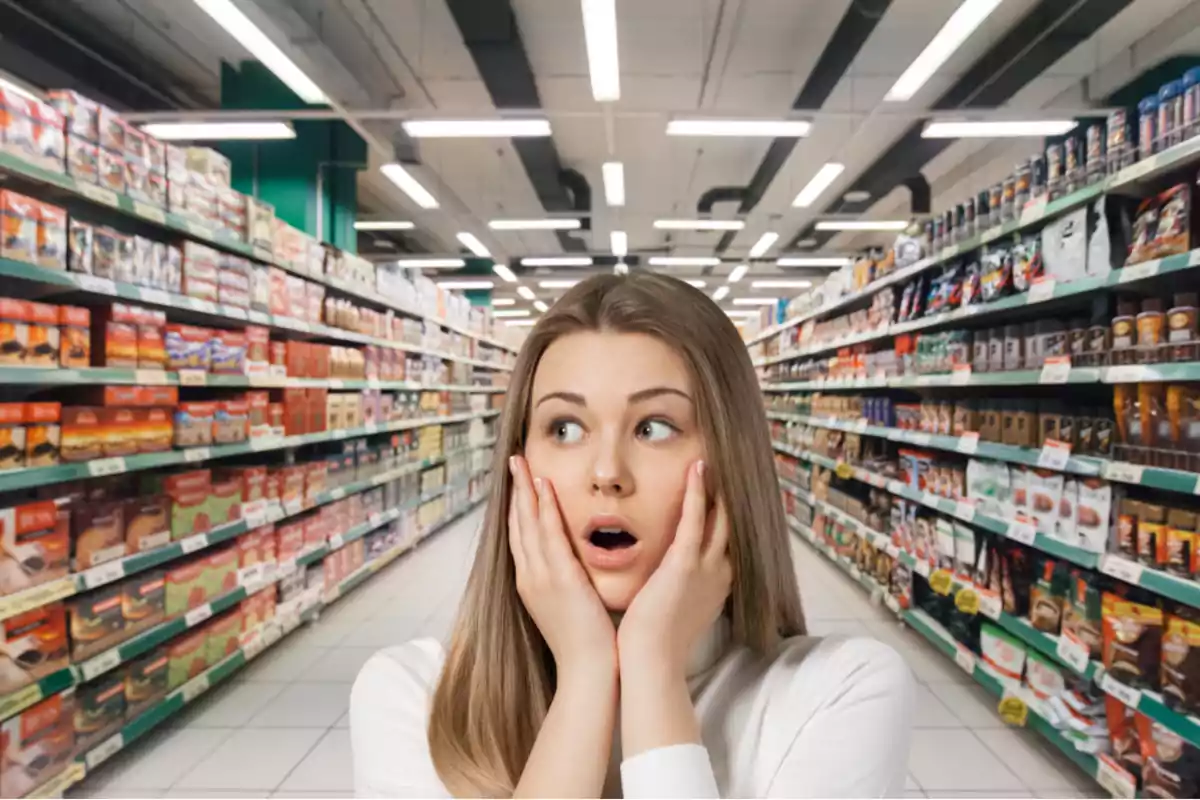 Young woman with a surprised expression in a supermarket aisle filled with products