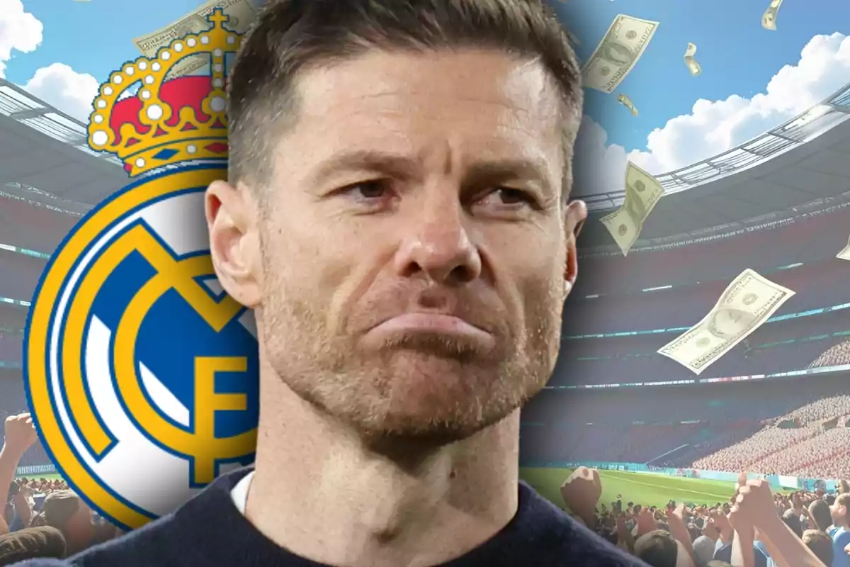 Hombre con expresión seria frente al escudo del Real Madrid en un estadio con billetes volando y público animando. Hombre con expresión seria frente al escudo del Real Madrid en un estadio con billetes volando y público animando.