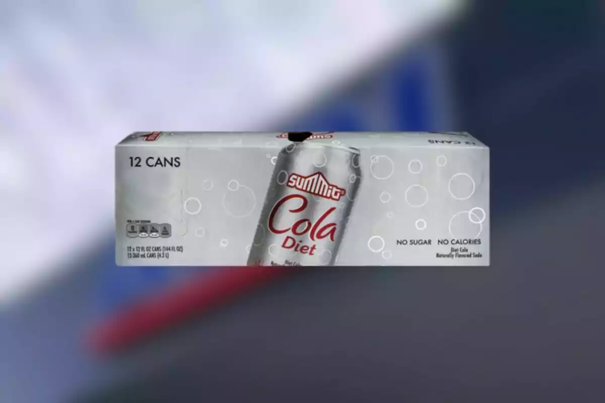 Twelve-pack of Summit Diet Cola cans on a blurred background Twelve-pack of Summit Diet Cola cans on a blurred background