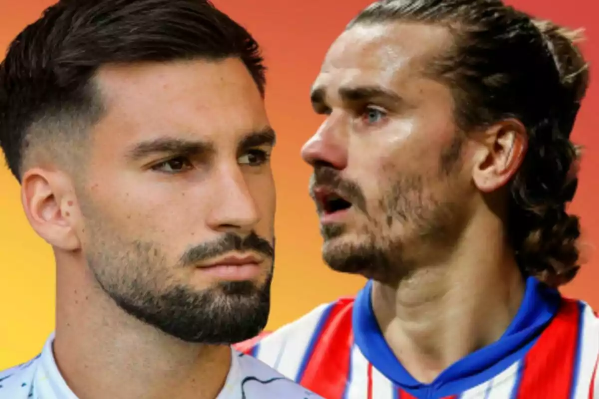 Dos futbolistas con expresión seria sobre un fondo degradado naranja