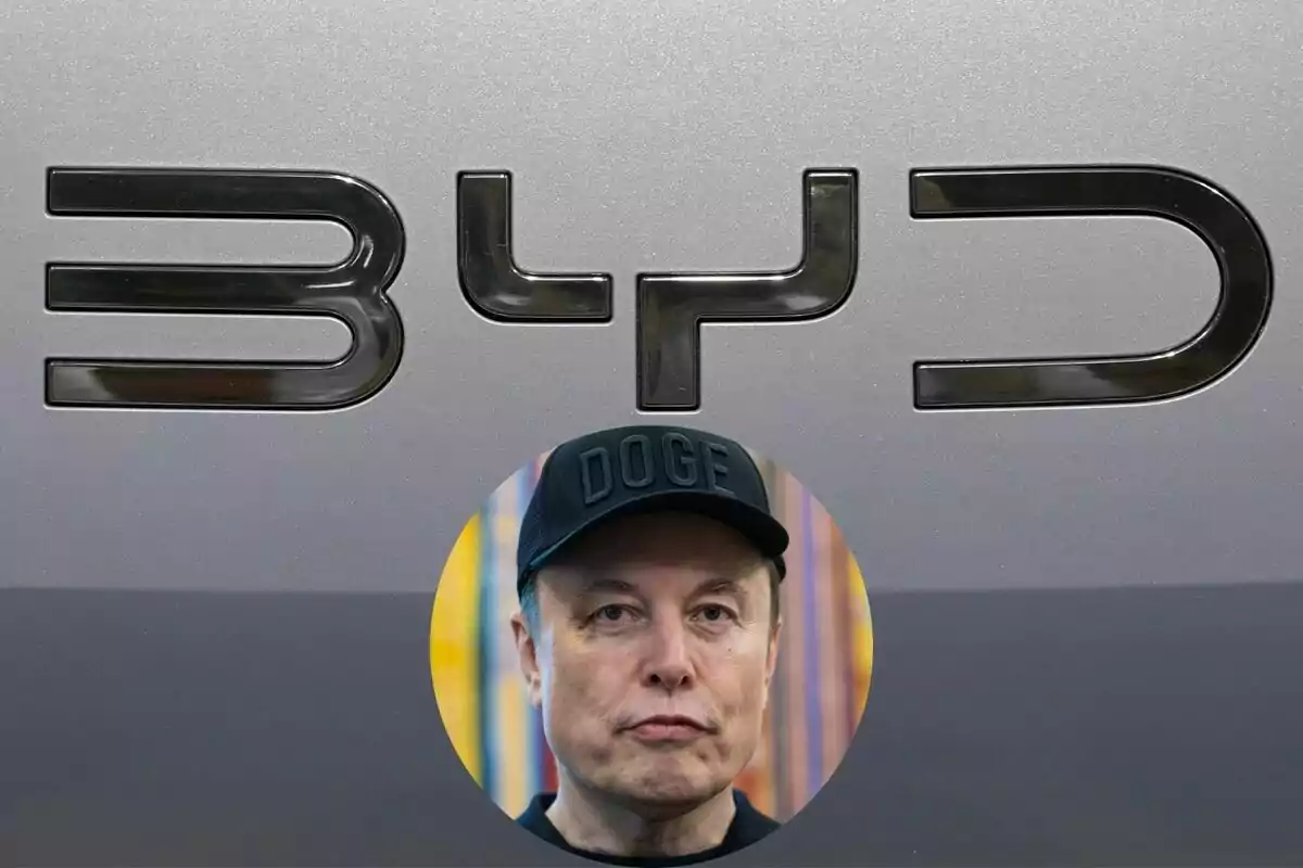 Logo de la marca BYD en un fondo gris con el rostro de un hombre usando una gorra negra en la parte inferior central