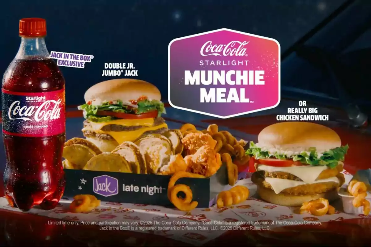 Botella de Coca-Cola Starlight junto a una hamburguesa doble con queso, papas fritas, aros de cebolla, pollo empanizado y un sándwich de pollo, todo presentado como parte de un combo de comida rápida llamado Munchie Meal de Jack in the Box Botella de Coca-Cola Starlight junto a una hamburguesa doble con queso, papas fritas, aros de cebolla, pollo empanizado y un sándwich de pollo, todo presentado como parte de un combo de comida rápida llamado Munchie Meal de Jack in the Box