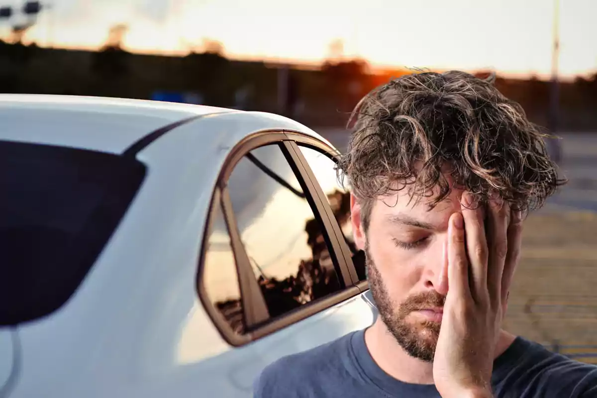 Hombre con expresión de cansancio apoyado en un coche blanco al atardecer Hombre con expresión de cansancio apoyado en un coche blanco al atardecer
