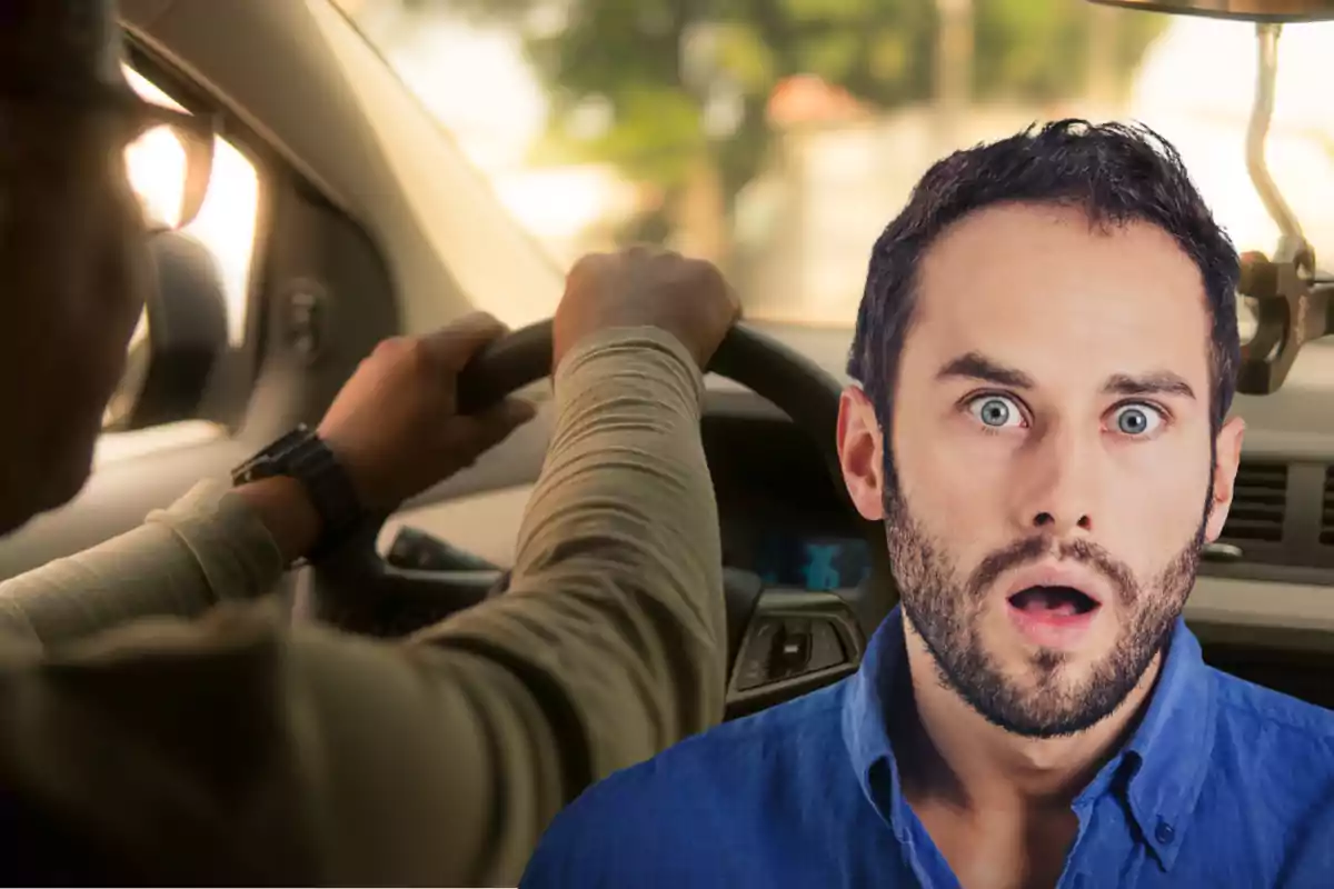 Hombre sorprendido en primer plano con una persona conduciendo un auto al fondo Hombre sorprendido en primer plano con una persona conduciendo un auto al fondo