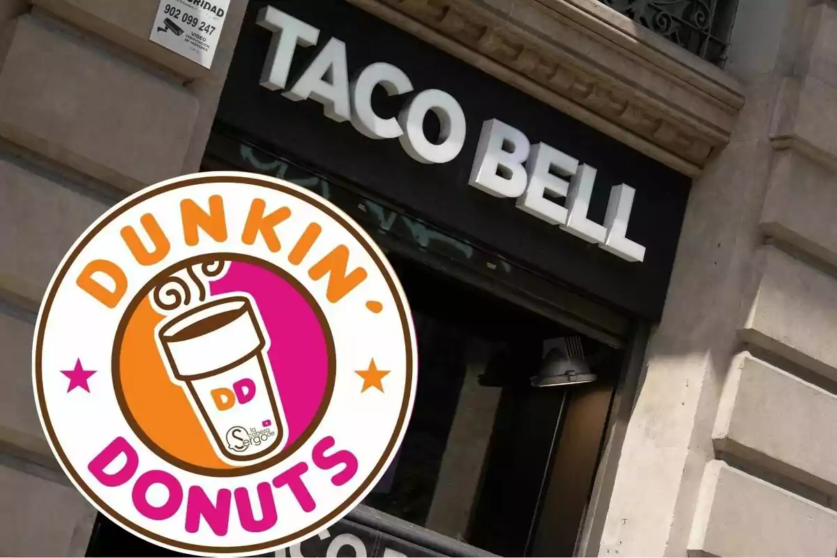 Entrance of a Taco Bell restaurant with the Dunkin' Donuts logo superimposed in the foreground