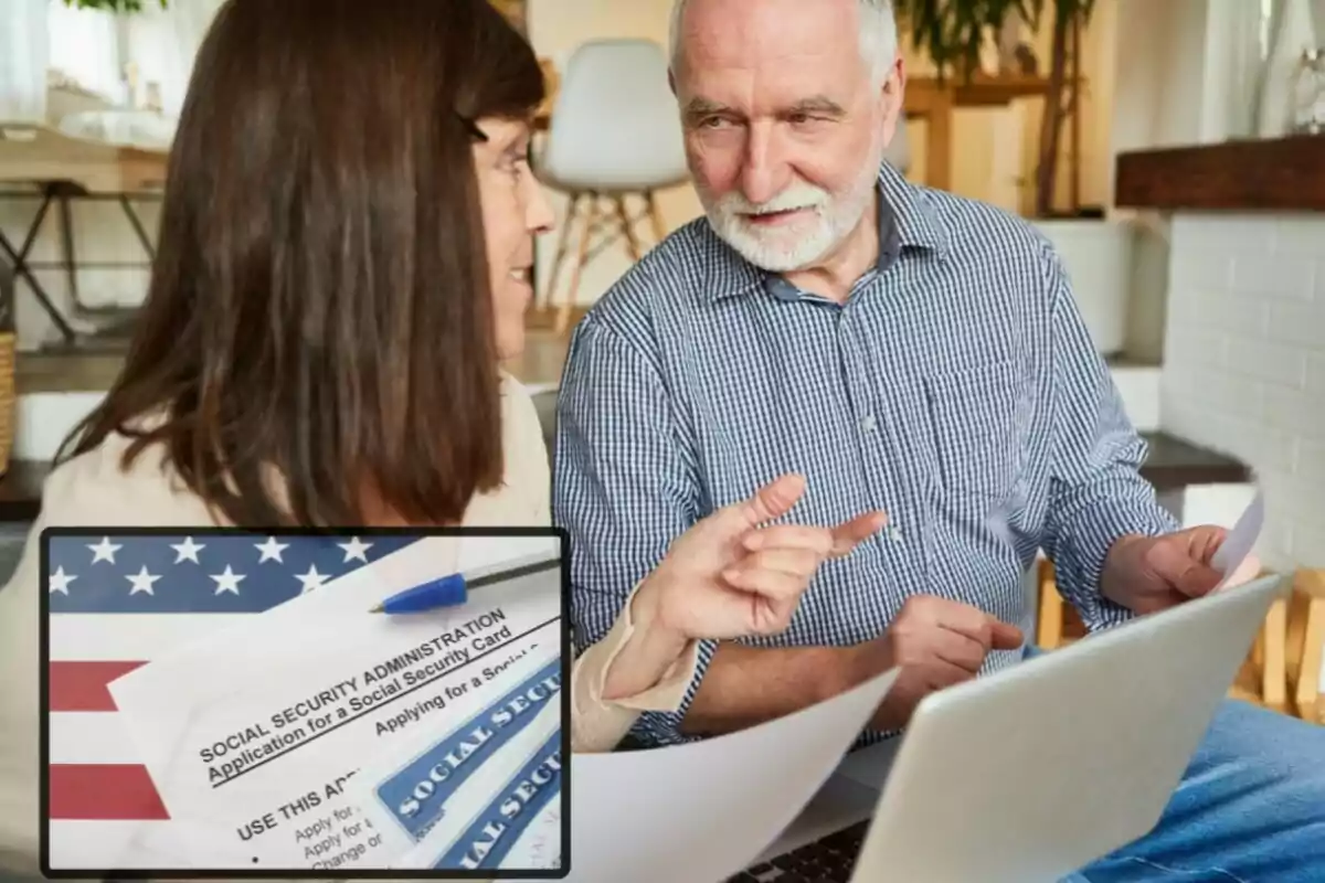 Elderly couple talking in front of a laptop with United States Social Security documents in the foreground Elderly couple talking in front of a laptop with United States Social Security documents in the foreground