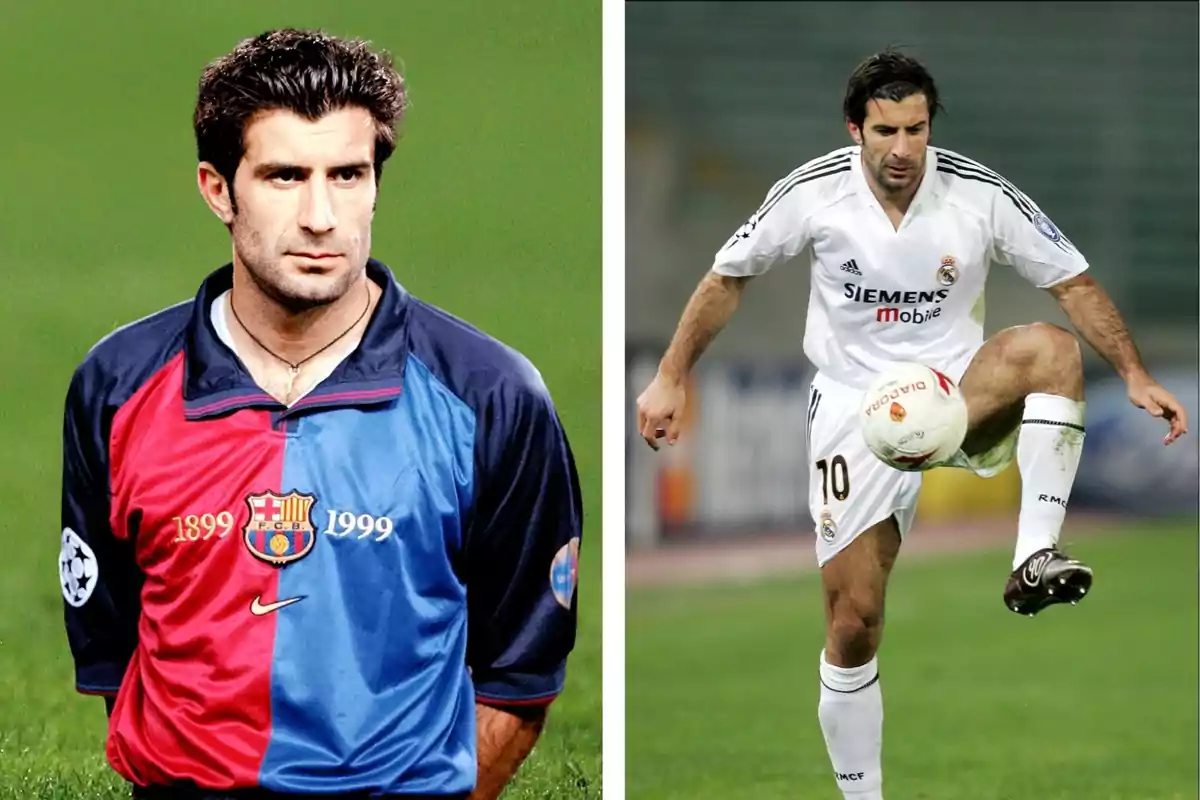 Un futbolista con el uniforme del Barcelona a la izquierda y el mismo futbolista con el uniforme del Real Madrid a la derecha Un futbolista con el uniforme del Barcelona a la izquierda y el mismo futbolista con el uniforme del Real Madrid a la derecha