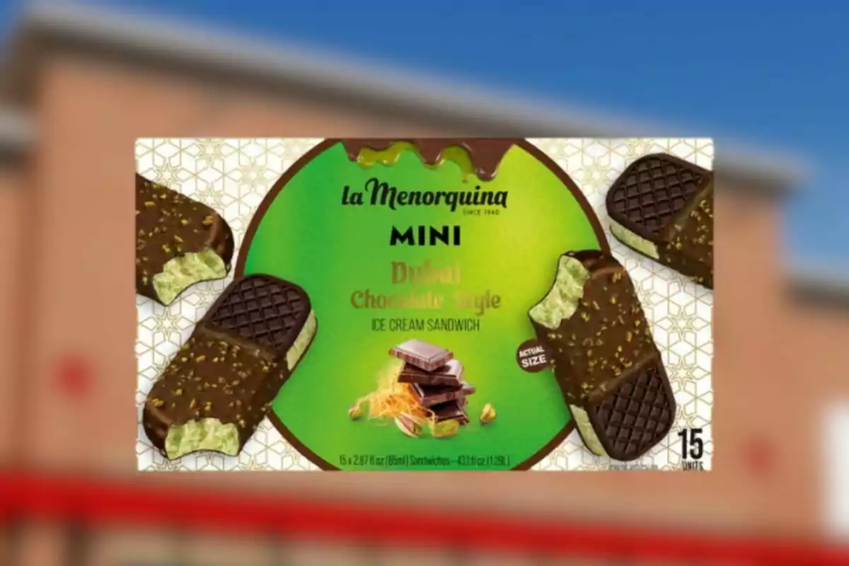 Box of La Menorquina Mini Dubai Chocolate Style ice cream sandwiches with images of chocolate and pistachio-covered ice creams on a green background