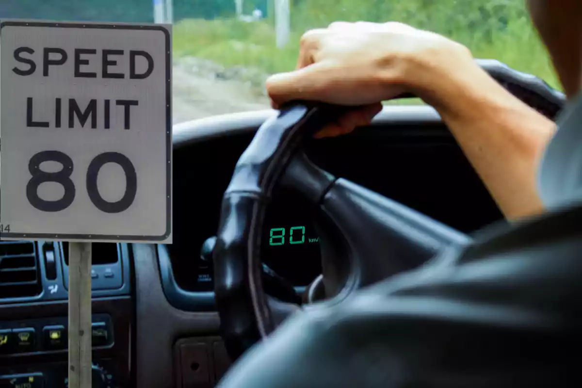 Persona conduciendo un auto a 80 km/h con una señal de límite de velocidad de 80 al lado