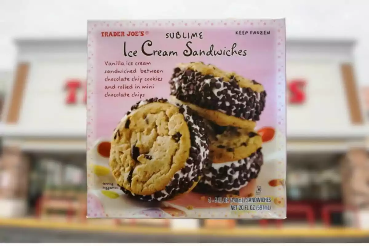 Box of vanilla ice cream sandwiches with chocolate chip cookies and mini chocolate chips from Trader Joe's in front of a store Box of vanilla ice cream sandwiches with chocolate chip cookies and mini chocolate chips from Trader Joe's in front of a store