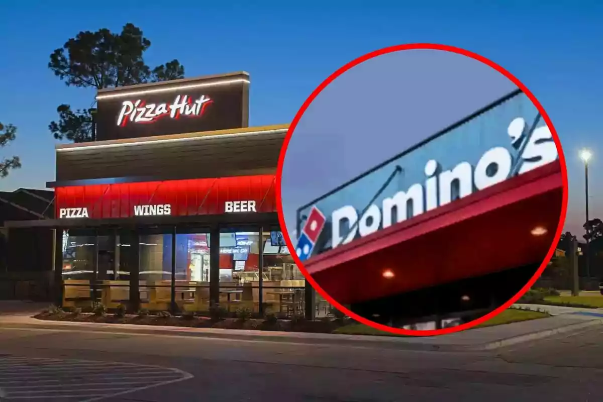 Facade of a Pizza Hut restaurant at sunset with a circle highlighting the Domino's Pizza sign.