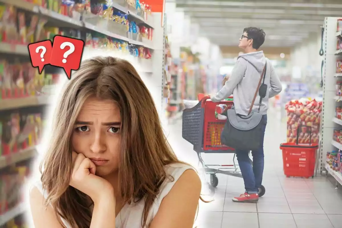 A woman with a confused and worried expression appears in the foreground while in the background someone pushes a cart in a supermarket full of products. A woman with a confused and worried expression appears in the foreground while in the background someone pushes a cart in a supermarket full of products.