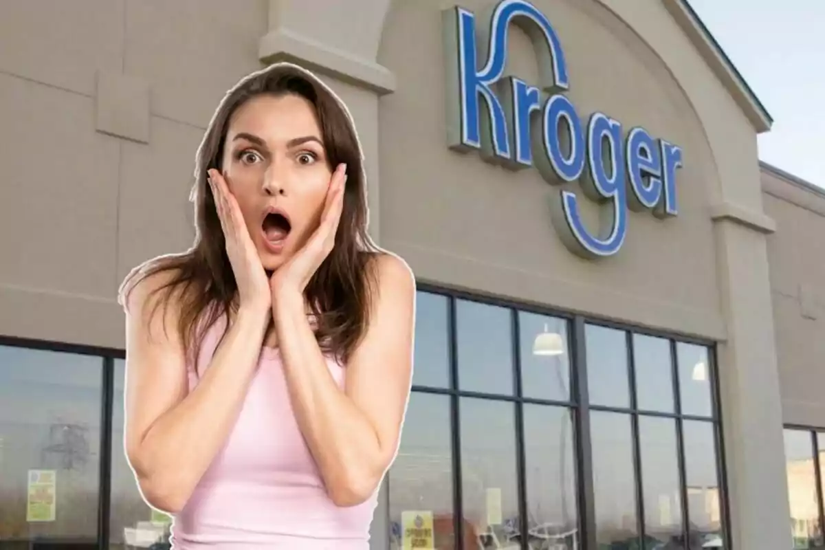 Woman with a surprised expression in front of a Kroger store Woman with a surprised expression in front of a Kroger store