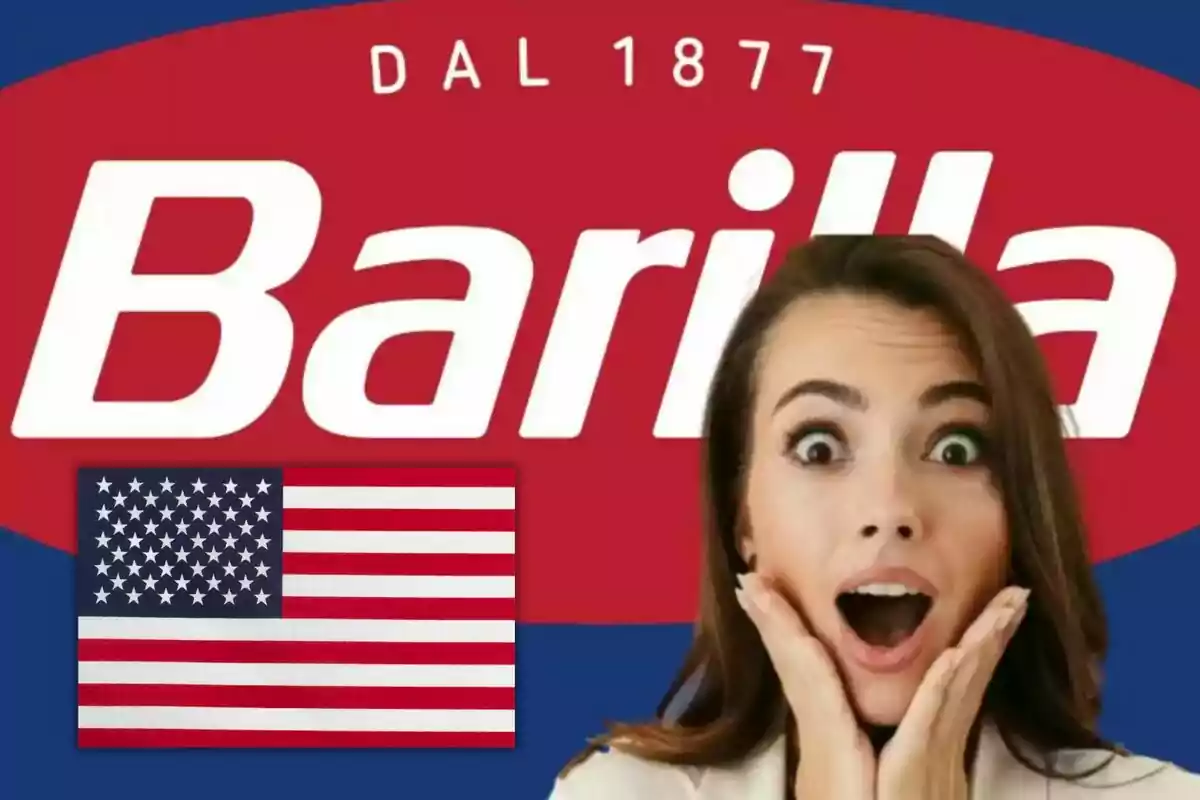 Mujer sorprendida frente al logo de Barilla con una bandera de Estados Unidos