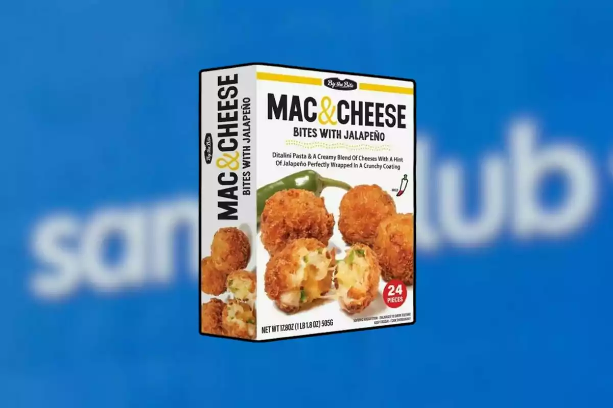 Box of macaroni and cheese jalapeño bites on a blue background with the blurred Sam's Club logo Box of macaroni and cheese jalapeño bites on a blue background with the blurred Sam's Club logo