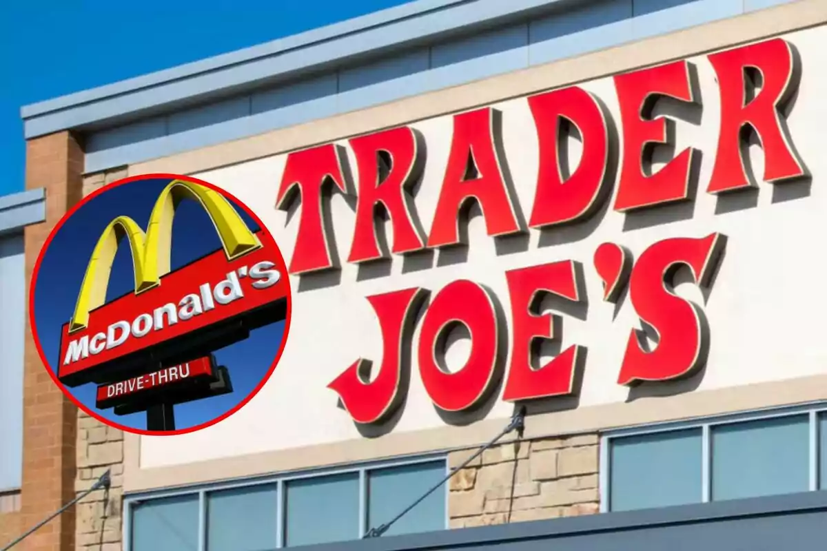 Fachada de una tienda Trader Joe's con un círculo que muestra el letrero de McDonald's