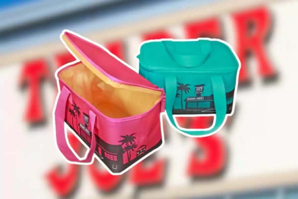 Dos bolsas térmicas pequeñas, una rosa y una azul, con ilustraciones de palmeras y un edificio, sobre un fondo desenfocado Dos bolsas térmicas pequeñas, una rosa y una azul, con ilustraciones de palmeras y un edificio, sobre un fondo desenfocado
