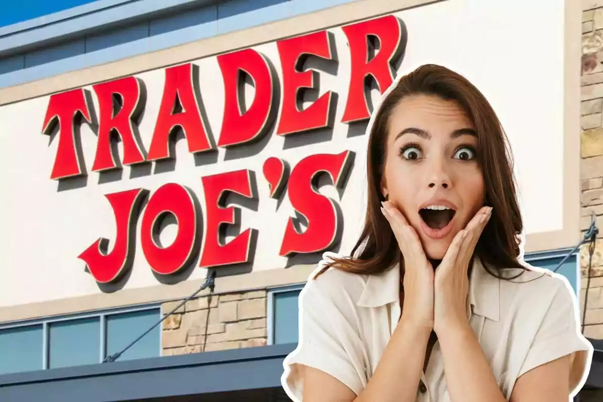 Woman with a surprised expression in front of the Trader Joe's store