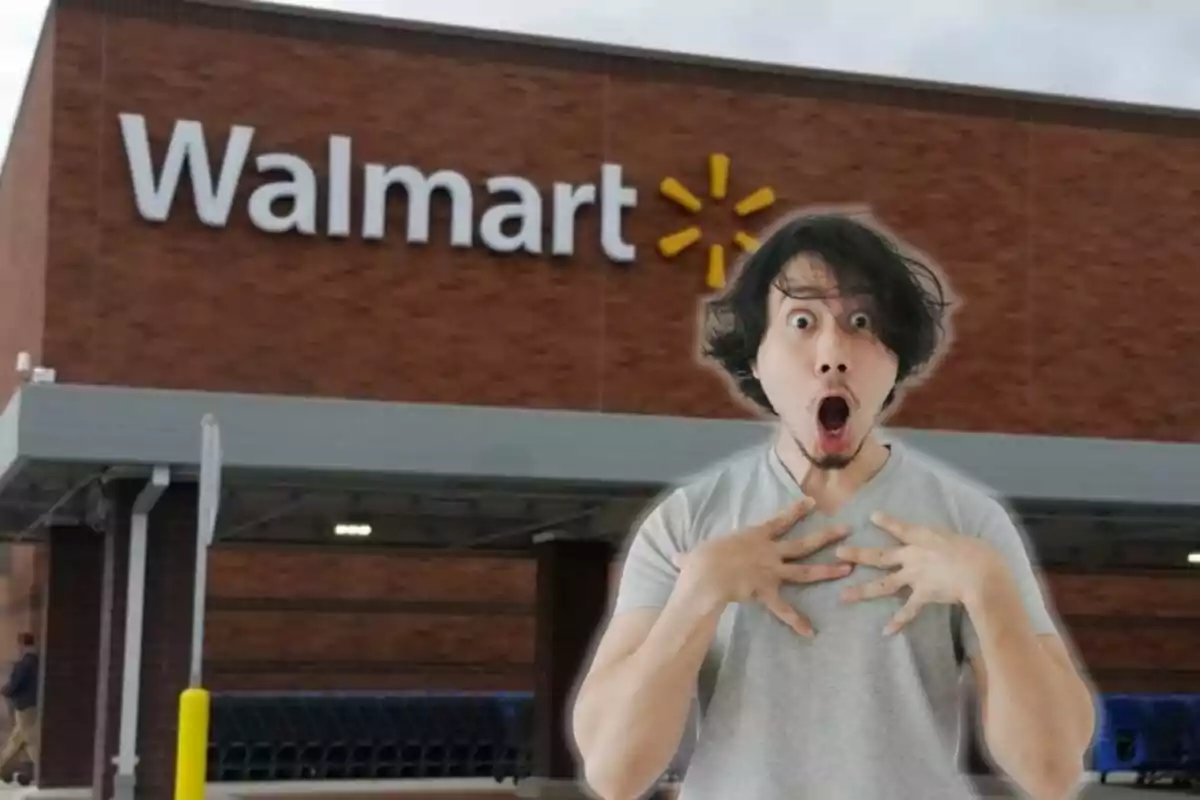 Hombre con expresión de sorpresa frente a una tienda Walmart Hombre con expresión de sorpresa frente a una tienda Walmart