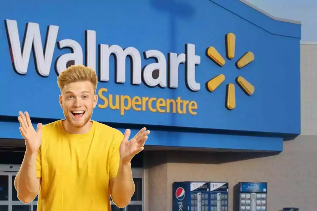 Hombre joven sonriente con camiseta amarilla frente a la entrada de un Walmart Supercentre Hombre joven sonriente con camiseta amarilla frente a la entrada de un Walmart Supercentre