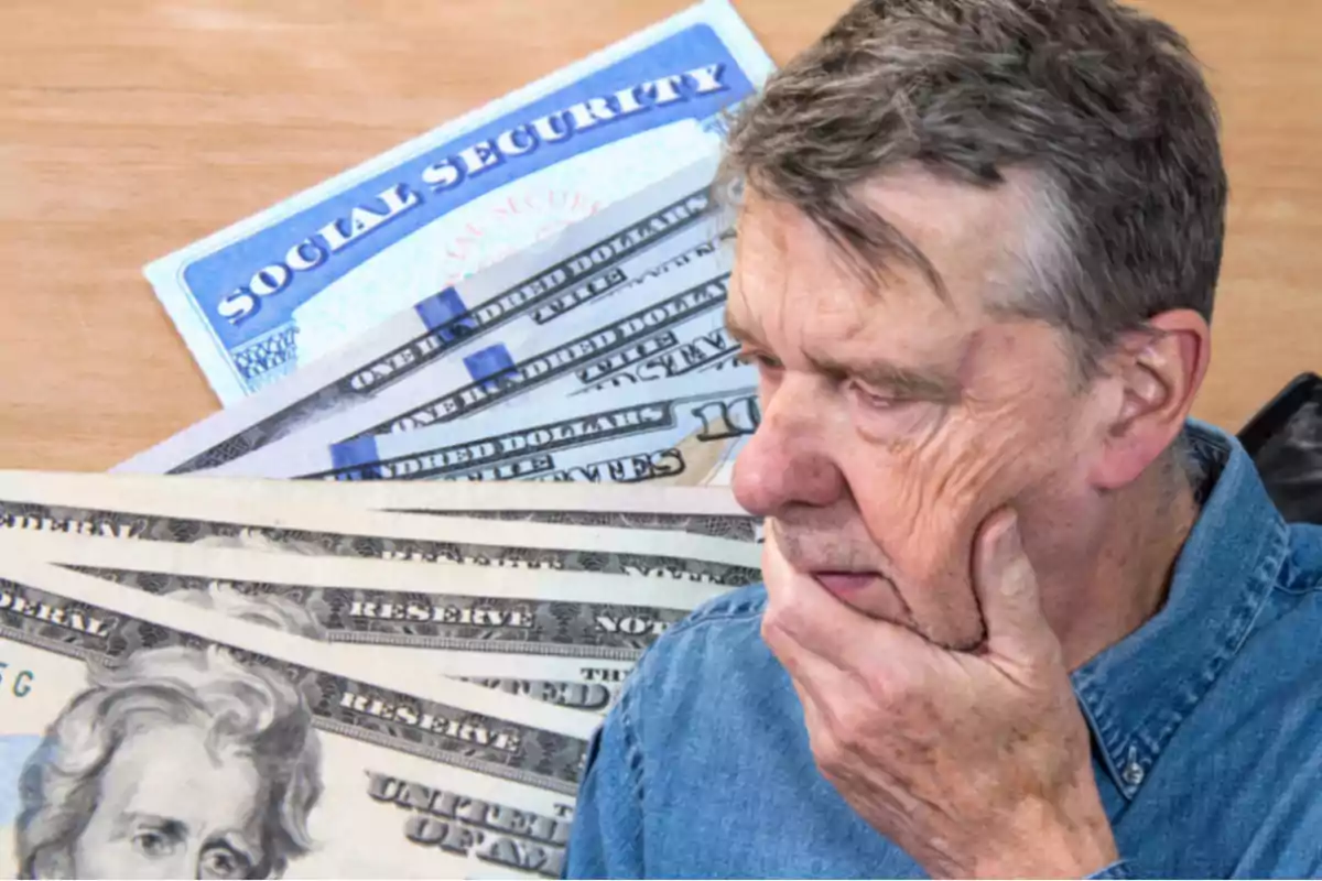 Hombre mayor pensativo con billetes de dólares y una tarjeta de seguro social sobre una mesa