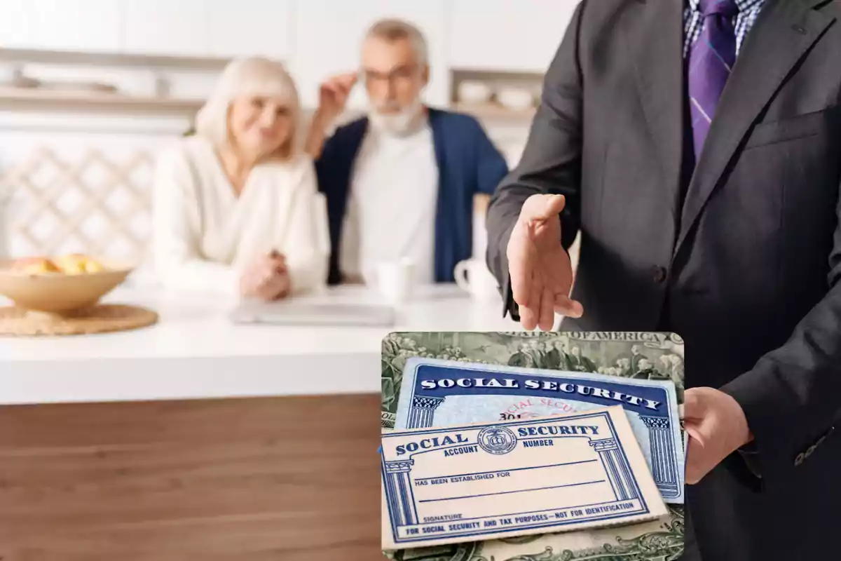 A man in a suit displays Social Security cards while an elderly couple watches in the background in a modern kitchen. A man in a suit displays Social Security cards while an elderly couple watches in the background in a modern kitchen.