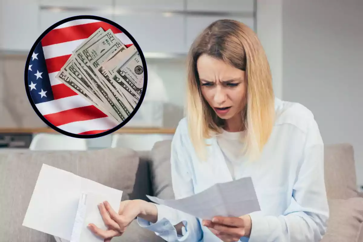 Mujer con expresión de preocupación revisando una carta mientras en la imagen aparece un círculo con billetes de dólares sobre una bandera de Estados Unidos Mujer con expresión de preocupación revisando una carta mientras en la imagen aparece un círculo con billetes de dólares sobre una bandera de Estados Unidos