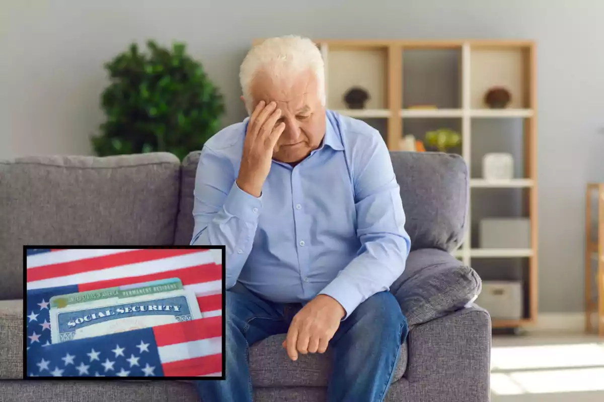 Older man sitting on a sofa with a worried expression and one hand on his forehead, with a superimposed image of Social Security and permanent resident cards over a United States flag Older man sitting on a sofa with a worried expression and one hand on his forehead, with a superimposed image of Social Security and permanent resident cards over a United States flag